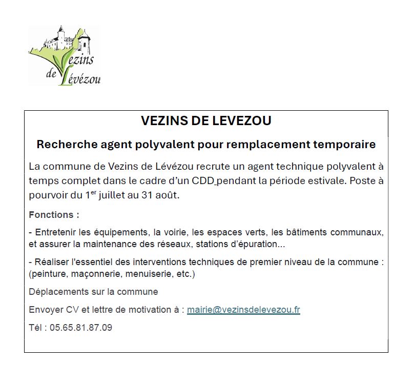 Lire la suite à propos de l’article Offre d’emploi- Vezins de Lévézou